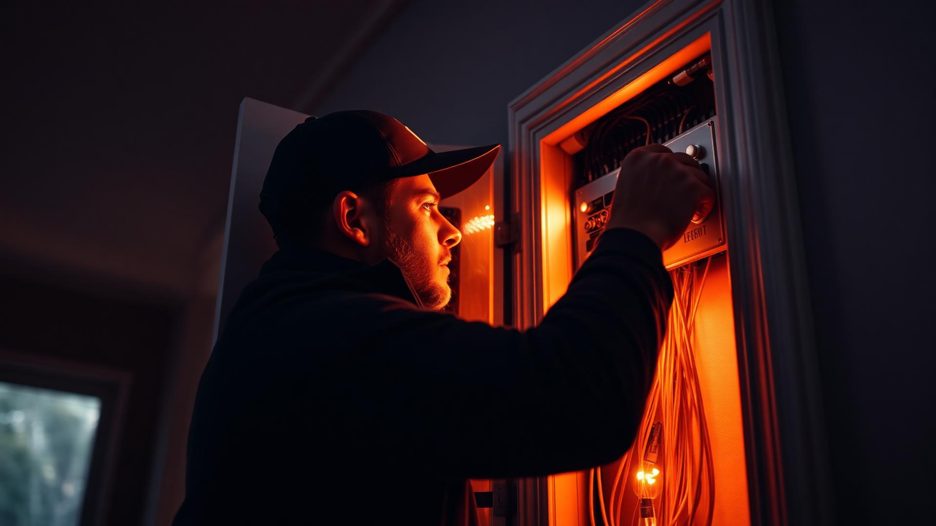 Licensed electrician inspecting a residential electrical panel